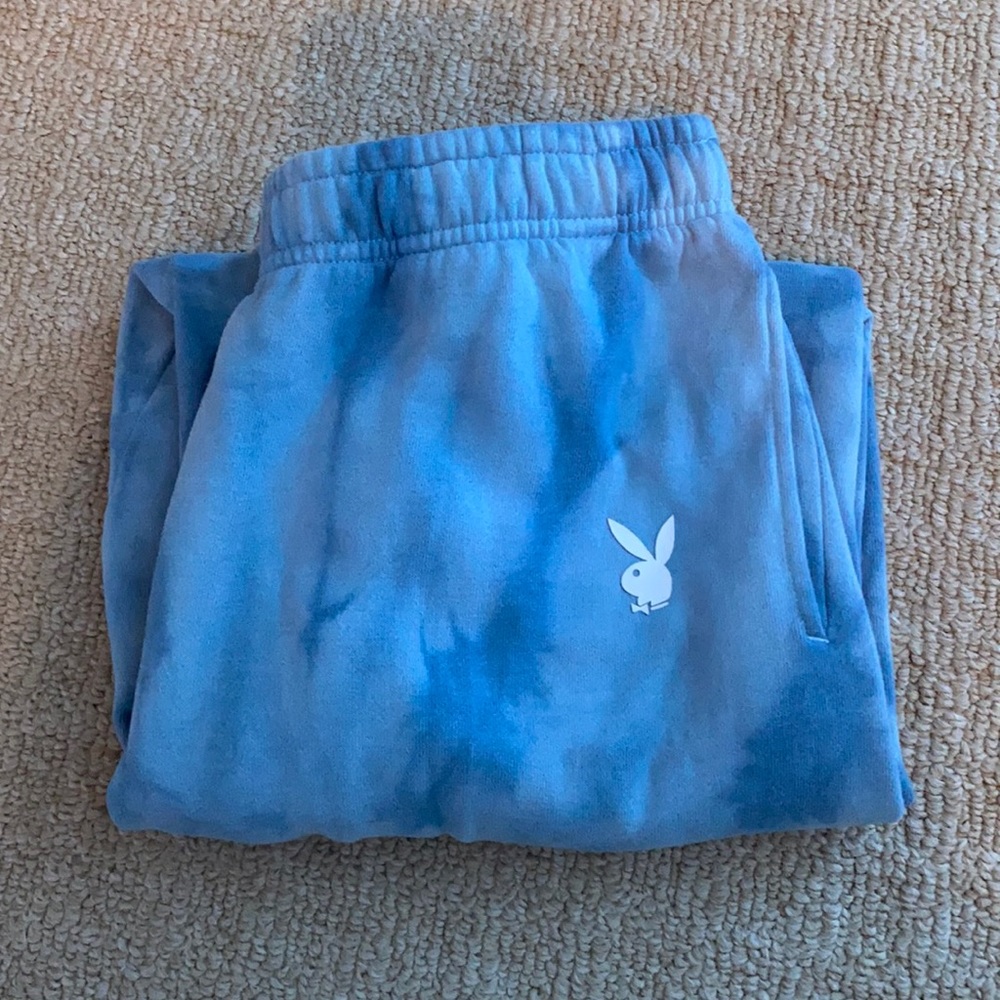 blue tie-dye playboy sweatpants